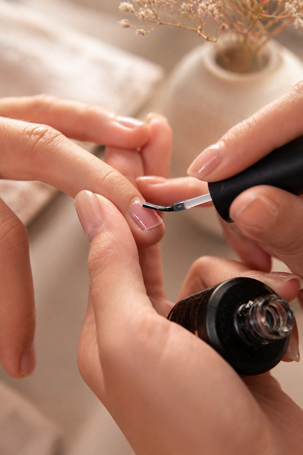 Close-up of a professional nail technician applying clear gel polish during a natural manicure treatment in a modern beauty salon