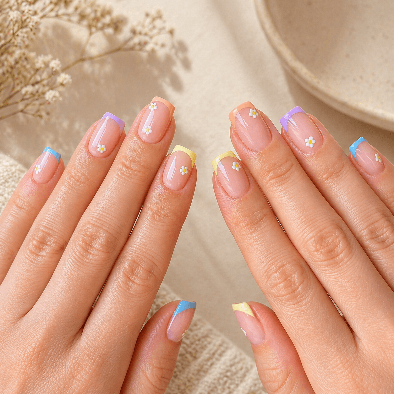 Pastel French tip nails with daisy accents on a nude base, styled against a soft beige background
