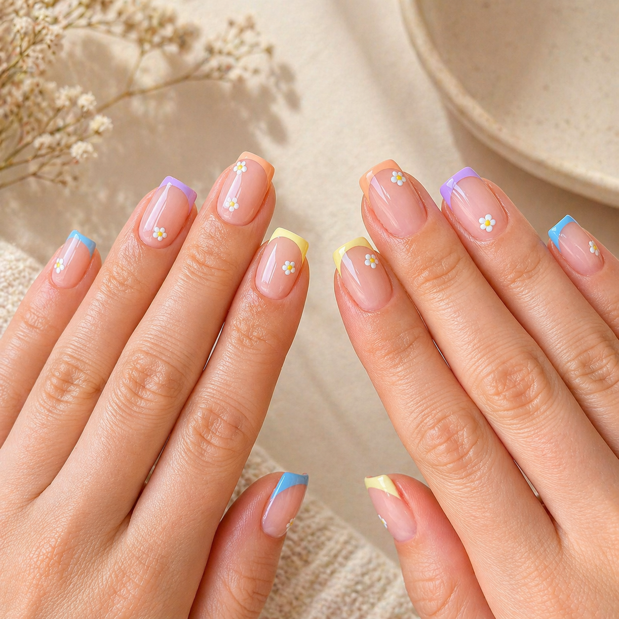 Pastel French tip nails with daisy accents on a nude base