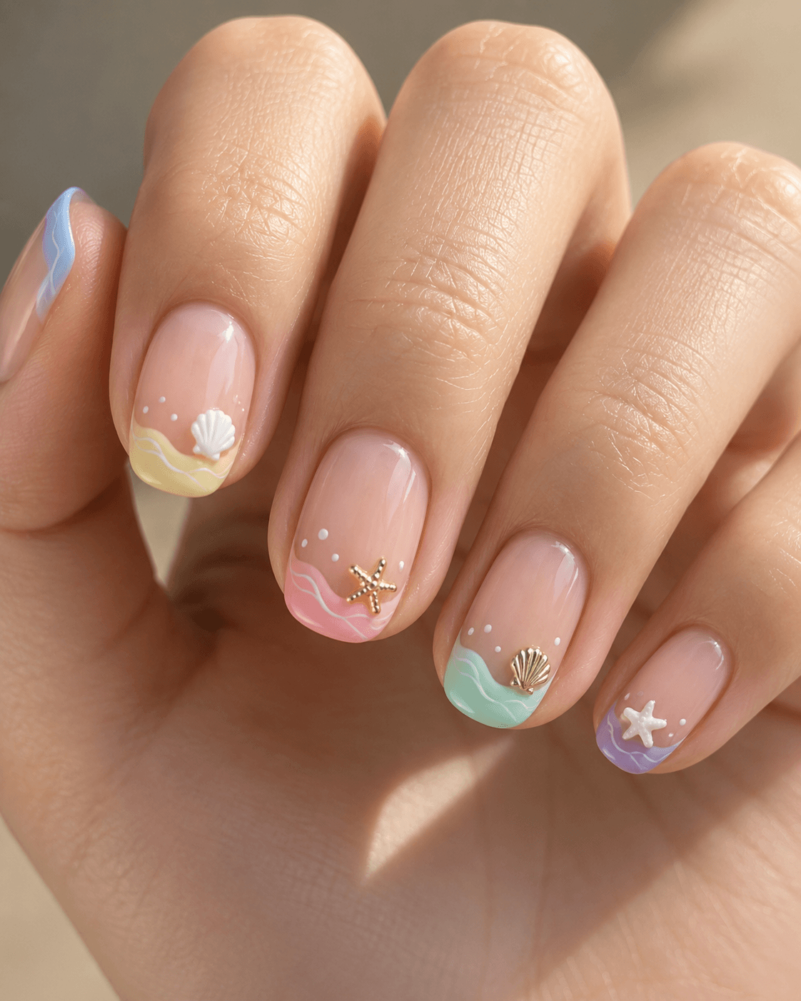 Pastel seashell nails with colourful summer French tips