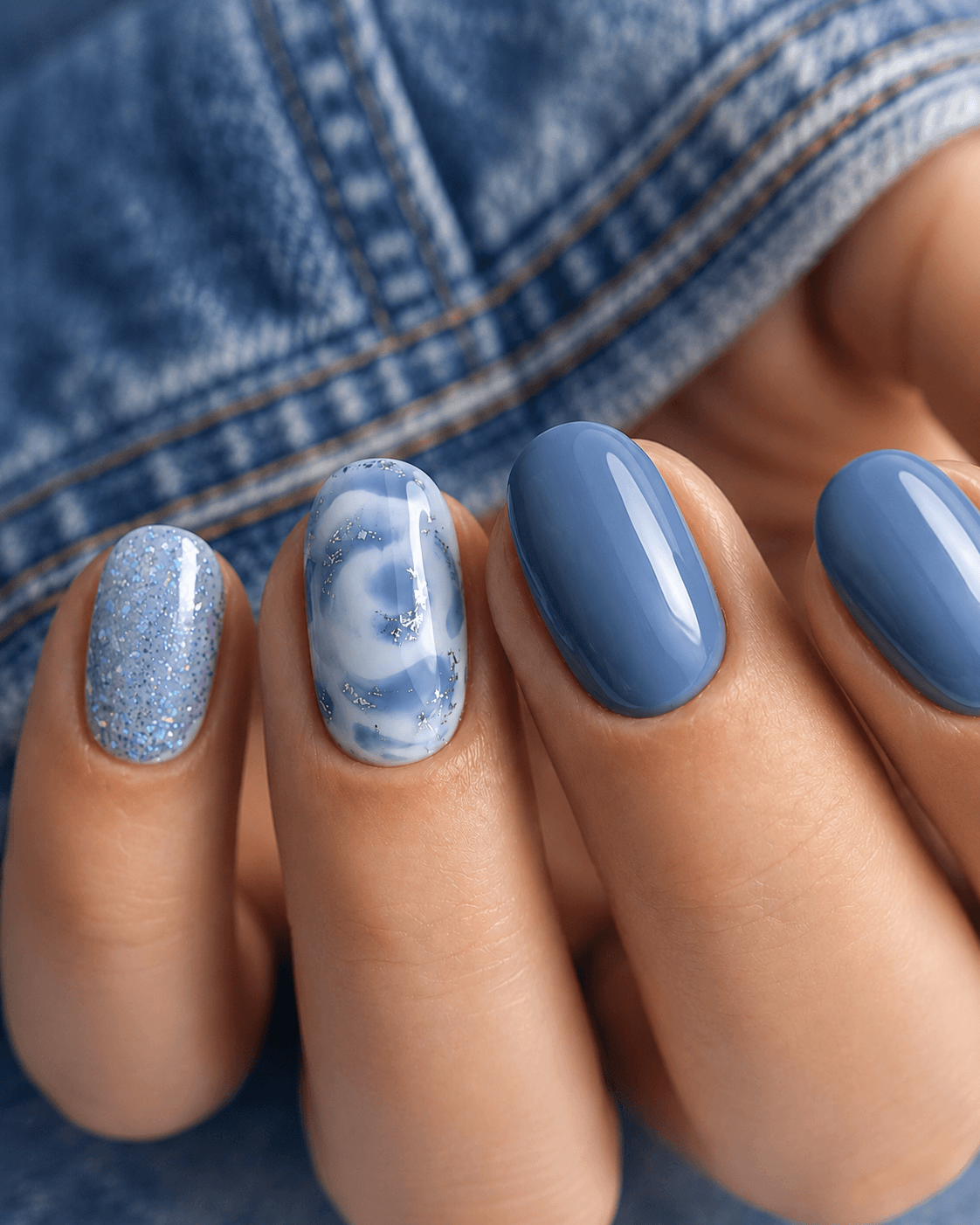 Denim blue marble nails with glitter accent manicure