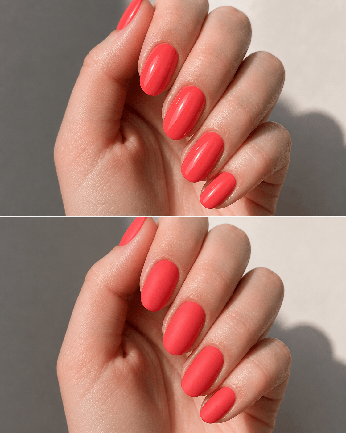 Coral nails in different finishes — glossy, sheer and matte