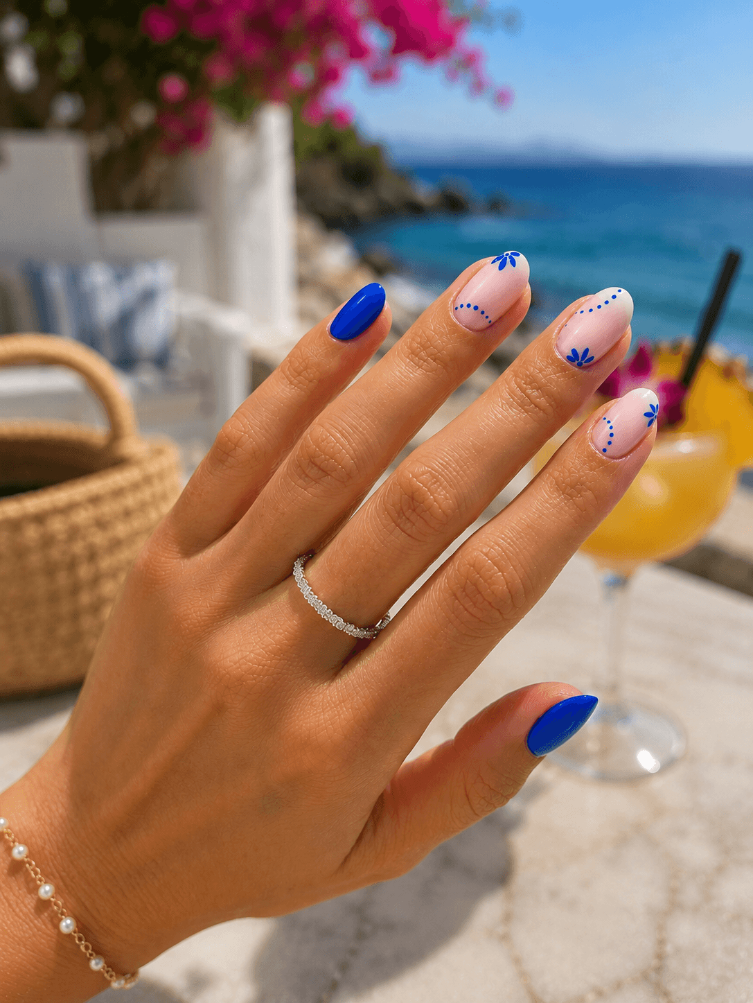 Blue floral minimalist nails with almond shape manicure