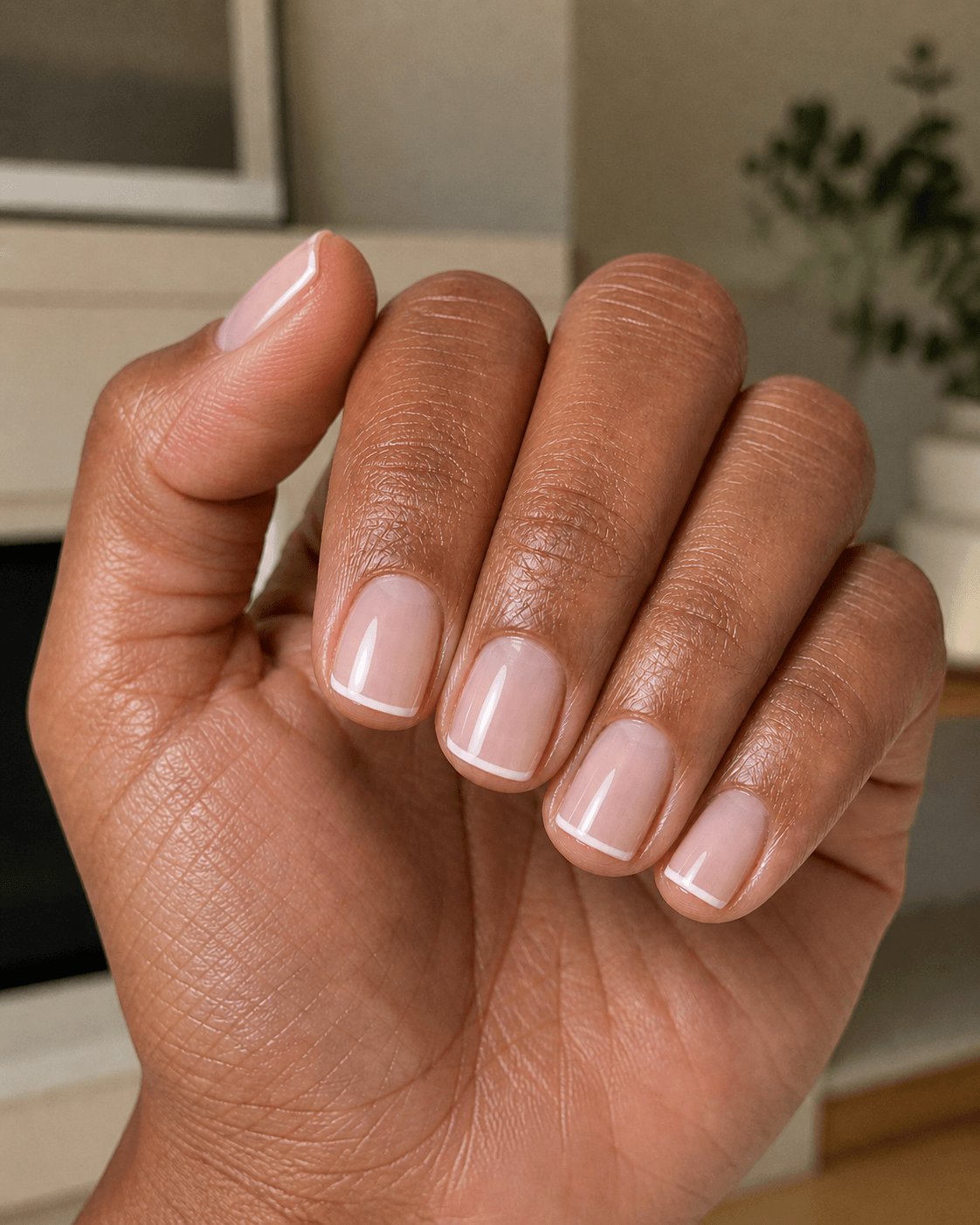 Close-up of mature hand with short squoval nails in sheer nude gel and subtle micro French tips, photographed indoors with a softly blurred neutral background