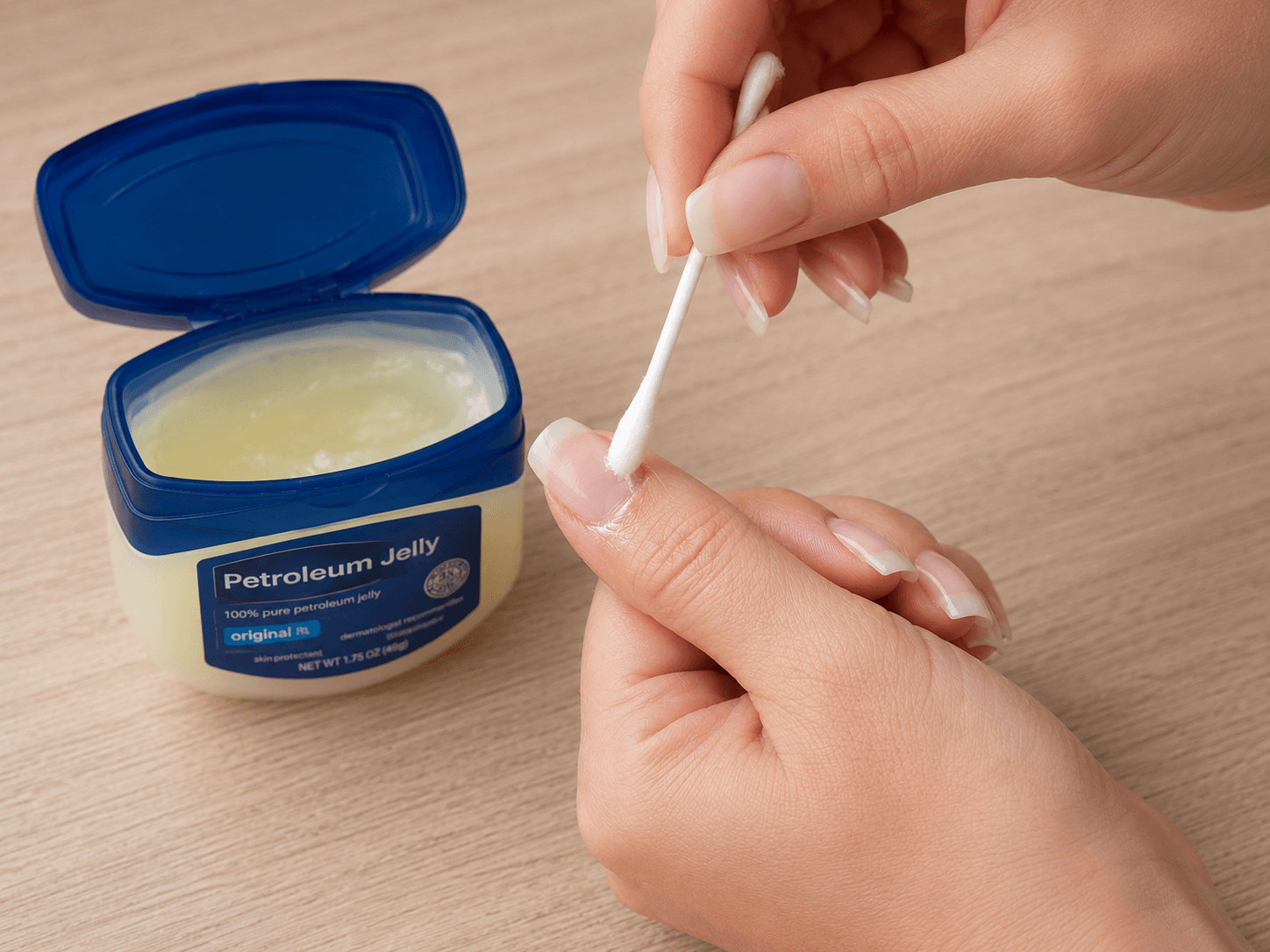 Applying petroleum jelly around natural nails and cuticles with a cotton swab to protect the skin during acrylic nail removal