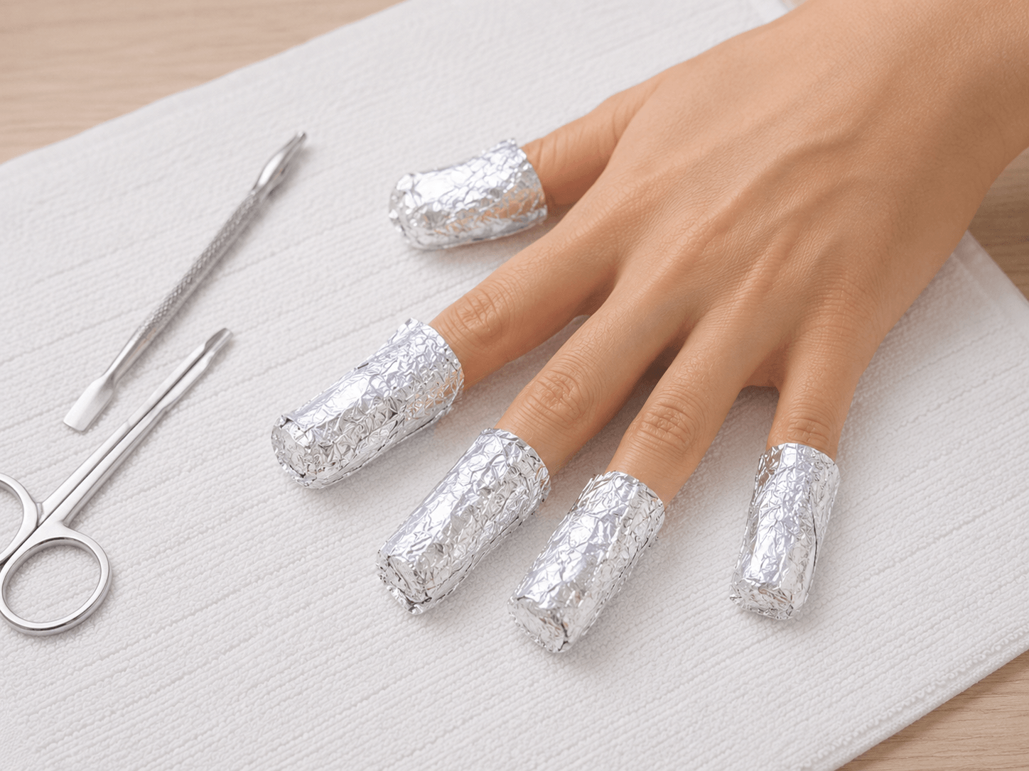 Fingers wrapped in foil for soaking off acrylic nails