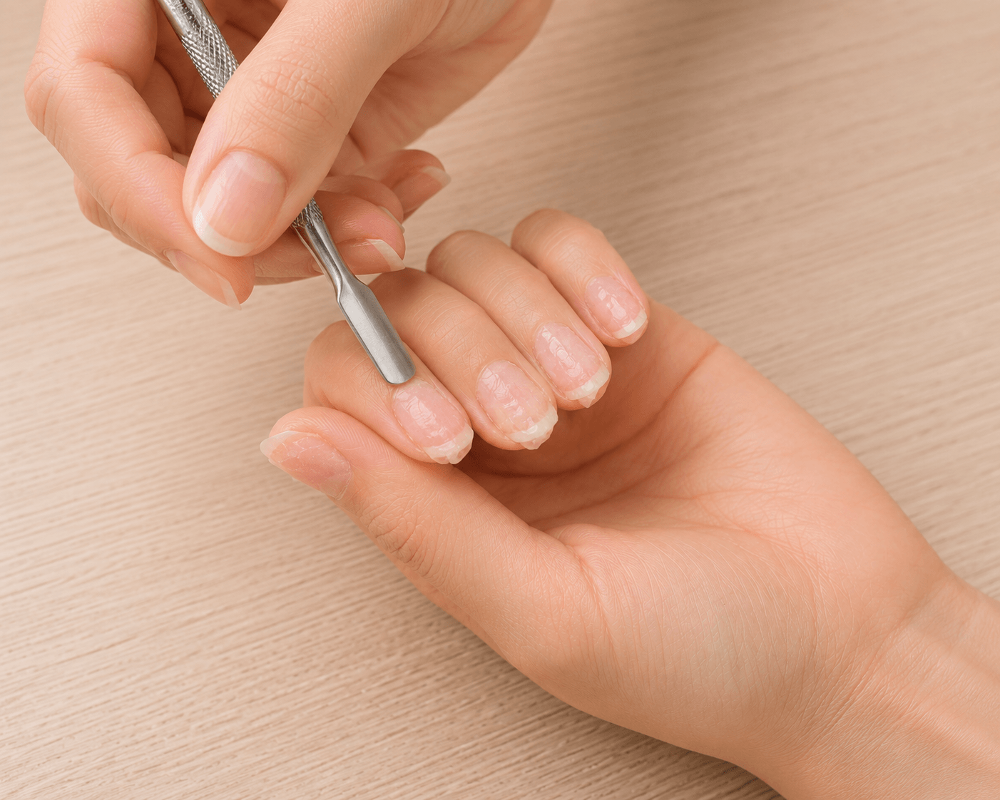 Using a metal cuticle pusher to gently lift softened acrylic from natural nails after soaking treatment