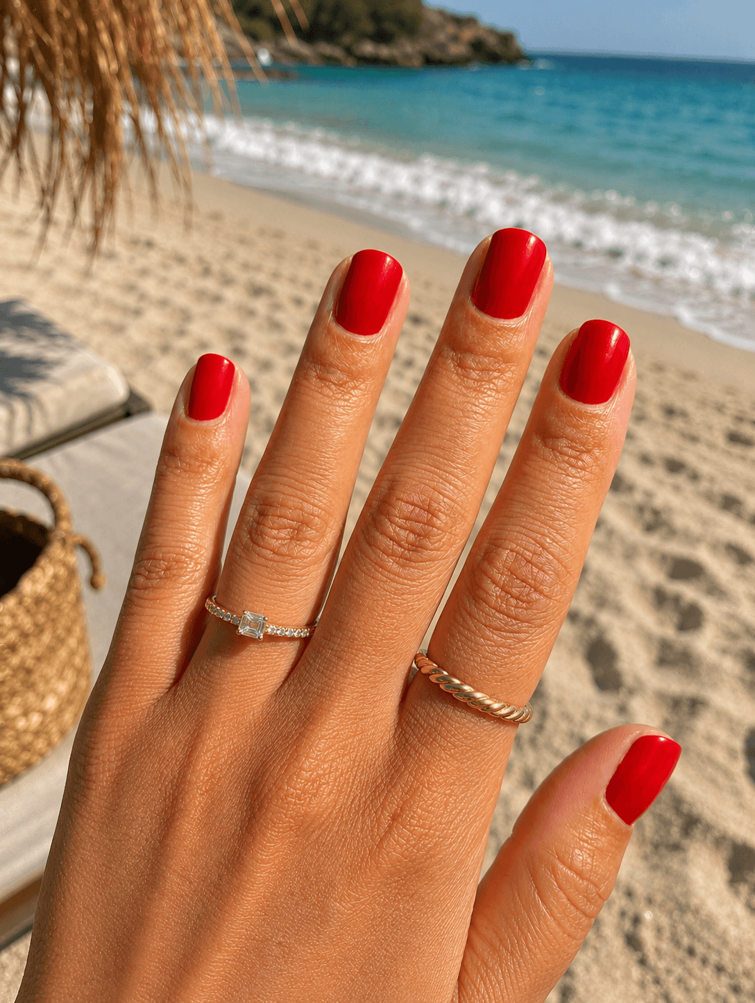 Glossy tomato red short nails for summer beach holiday