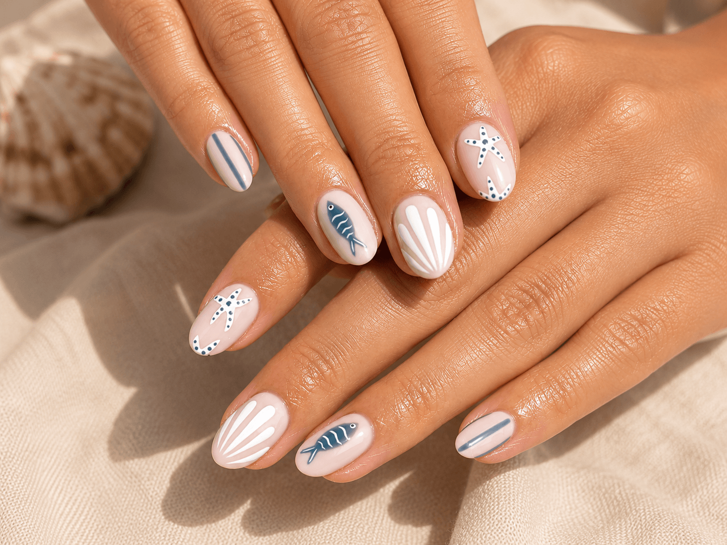 Close-up of builder gel nails with Beach-themed nail art manicure featuring soft pink oval nails with blue fish, starfish, shell, and striped designs