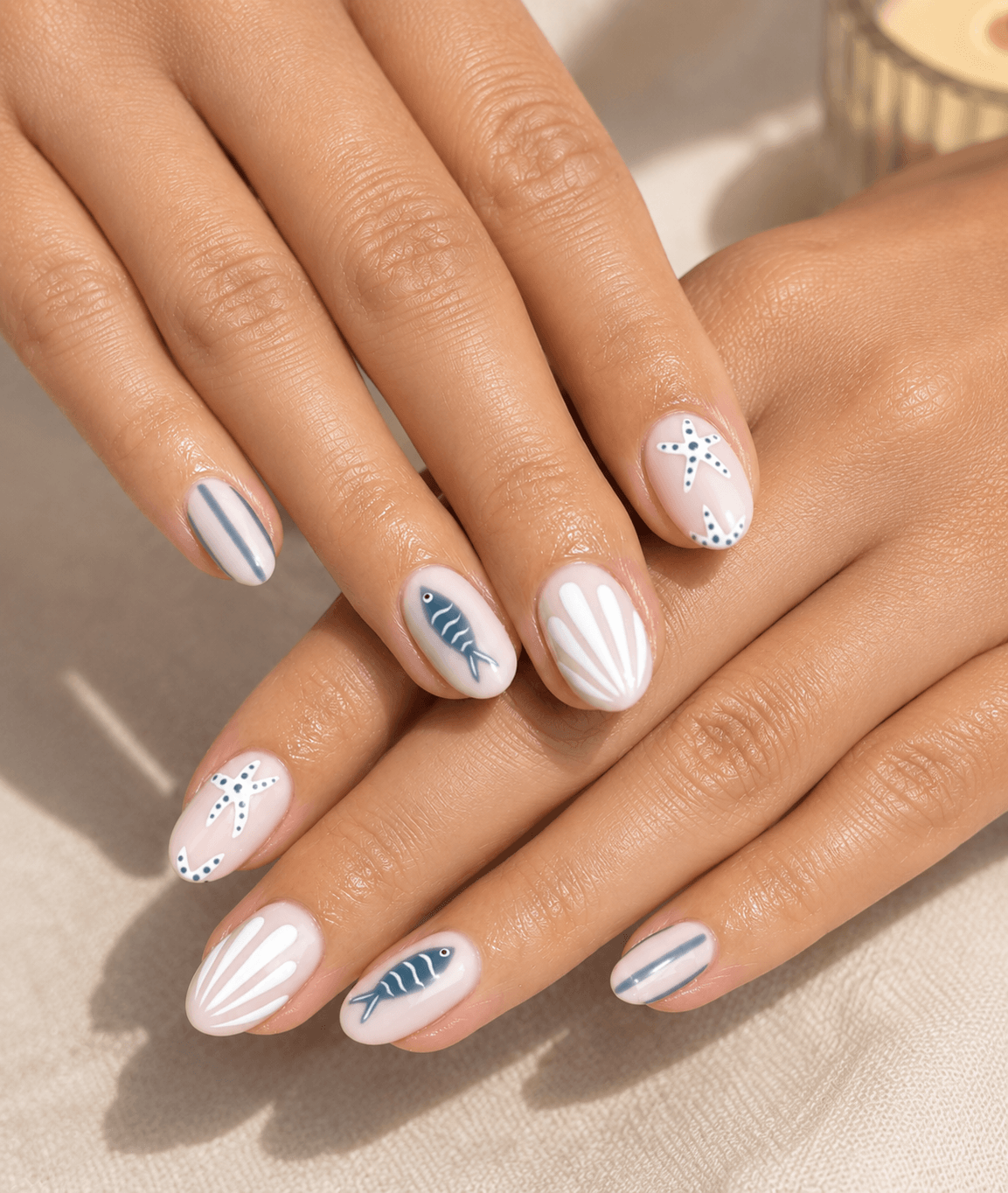 Beach-themed nail art manicure featuring soft pink oval nails with blue fish, starfish, shell, and striped designs
