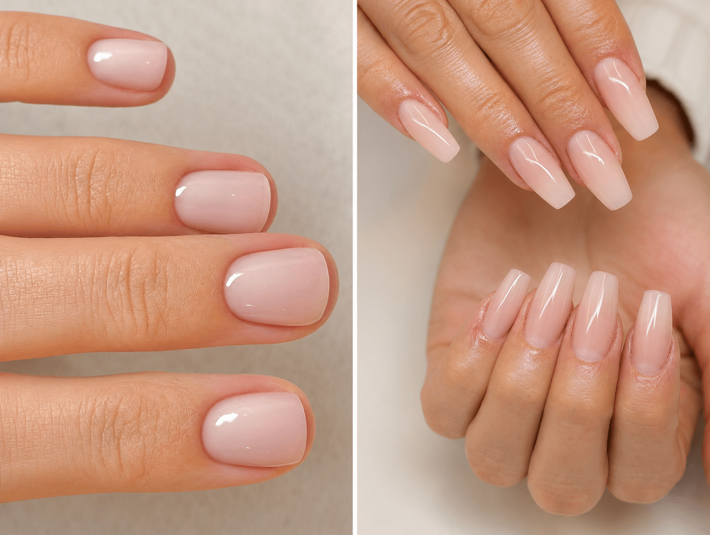 Close up comparison of natural nude manicure and glossy nude acrylic nails, showing clean shapes and salon finish