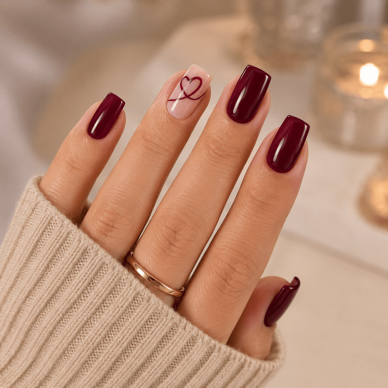 Deep burgundy gel manicure with heart accent nail and beige knit sleeve