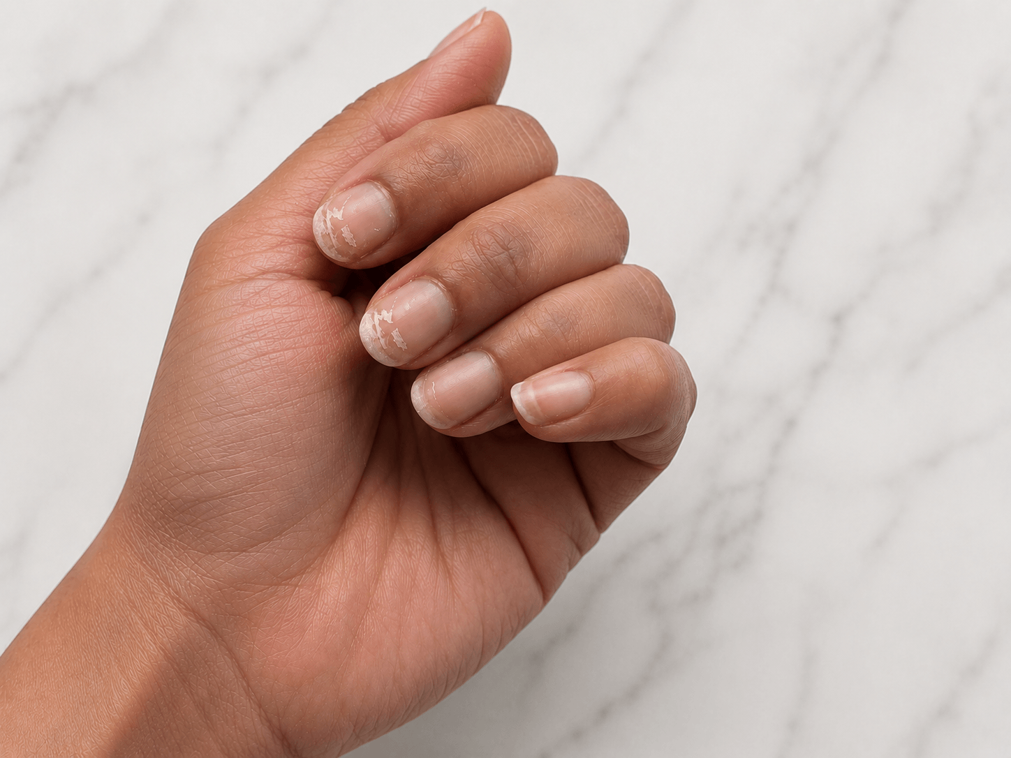 Close-up of weak, peeling and damaged nails showing flaking on short natural nails after gel removal