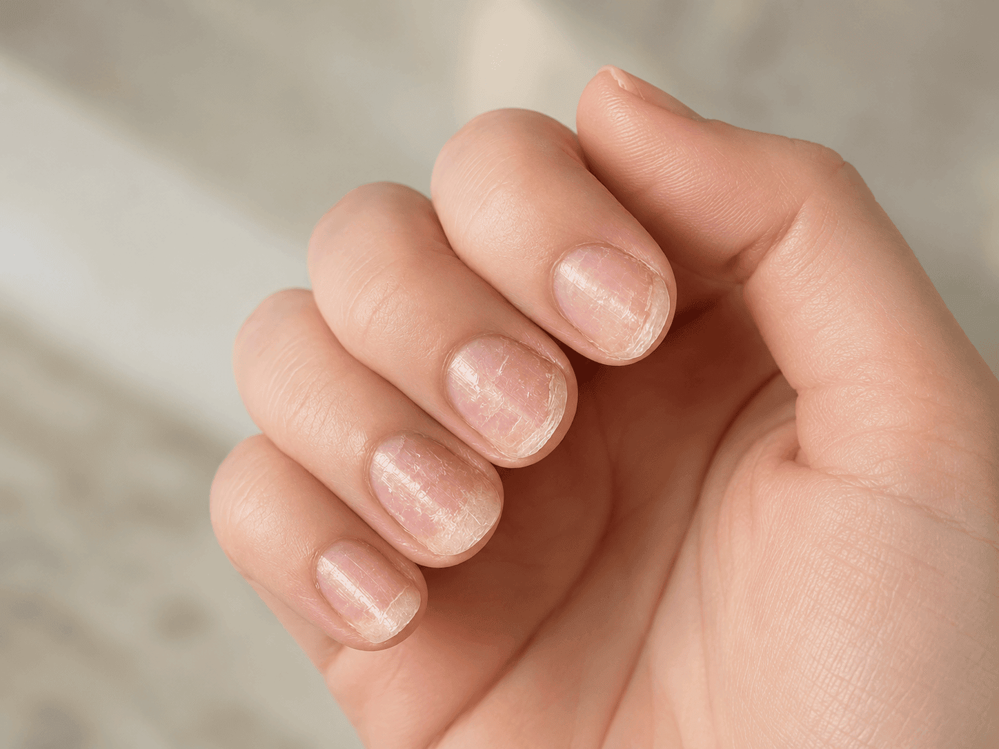 Close-up of brittle nails with visible horizontal ridges, peeling and flaking on short natural nails